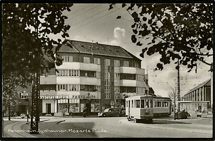 Sydhavnen, Mozarts Plads med sporvogn linie 3. Stenders no. 95037. Kvalitet 8