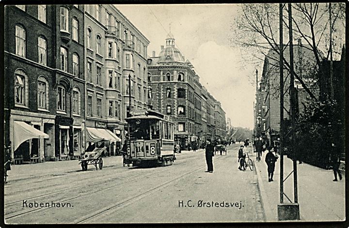 H. C. Ørsteds Vej hj. Thorvaldsensvej med sporvogn linie 8 vogn 114. Stenders no. 3115. Kvalitet 8