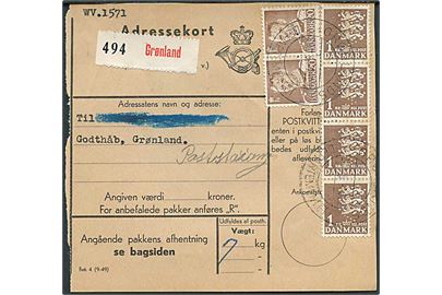 20 øre Fr. IX (2) og 1 kr. Rigsvåben (4) med perfin WV (A/S Th. Wessel & Vett) på adressekort for pakke stemplet Grønlands Departementet d. 21.5.1952 til Godthåb, Grønland.
