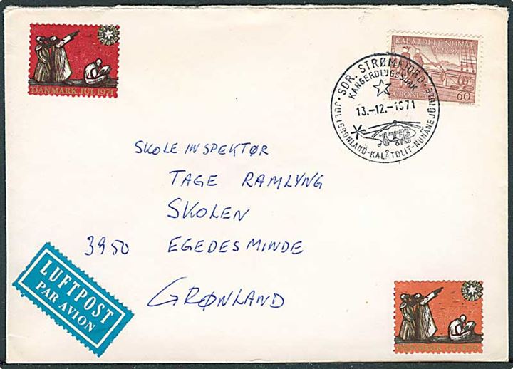 60 øre Hans Egede på luftpostbrev annulleret med Jule-stempel fra Sdr. Strømfjord d. 13.12.1971 til Egedesminde.