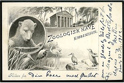 Louis Jensen: “Hilsen fra Zoologisk Have Kjøbenhavn” med bl.a. isbjørn. U/no. Anvendt 1912, mærke afrevet.   Kvalitet 7