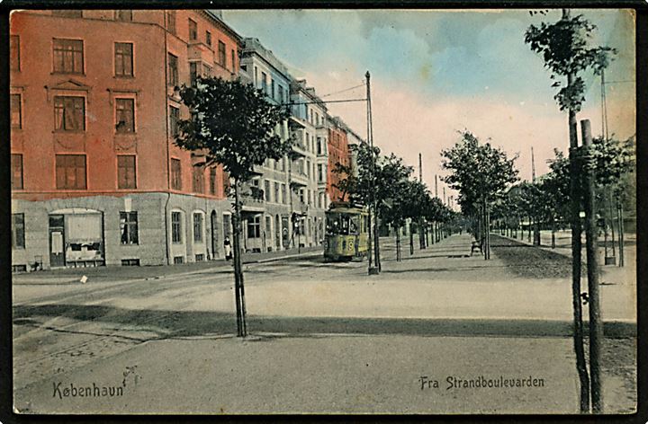 Strandboulevarden 108 hj. Vordingborggade med sporvogn linie 8 vogn ?15. Sk. B. & Kf. no. 2581. Kvalitet 7