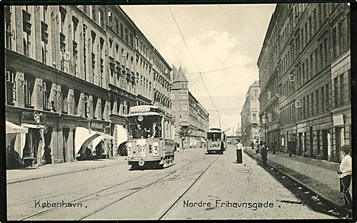 Nordre Frihavnsgade med sporvogn linie 3 vogn 67 og 280. Stenders no. 6074. Kvalitet 8