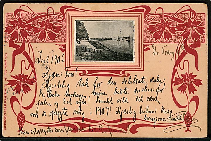 Langelinie, lille prospekt påsat tyskfremstillet dekoreret brevkort. Gerstäcker & Sohn no. 114. Kvalitet 7