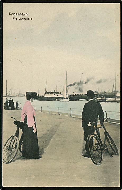 Langelinie med cyklister og udsigt til dampskibe. Sk. B. & Kf. no. 1879. Kvalitet 8
