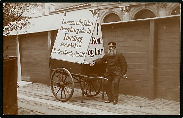 Nørrebrogade 38 “Genezareth-Salen. Reklame-vogn for foredrag. Fotokort u/no. Kvalitet 8