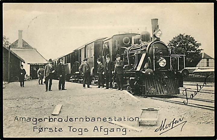 Amagerbro jernbanestation med første togafgang på Amagerbanen d. 17.7.1907. Stenders no. 11358. Kvalitet 8