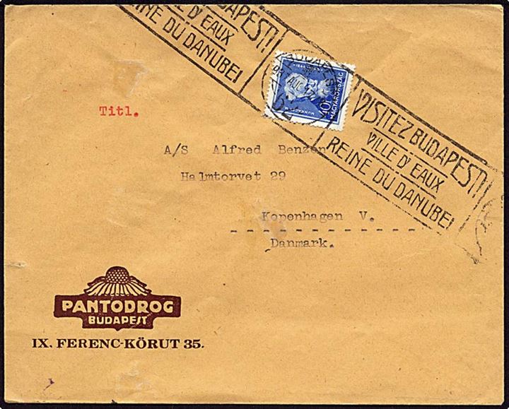 40 filler blå på brev Budapest d. 17.8.1937 til København.