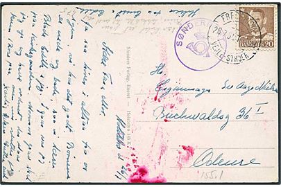 20 øre Fr. IX på brevkort fra Holstebro annulleret med bureaustempel Fredericia - Vejle - Struer T.728 d. 26.7.1955 og sidestemplet med posthornstempel SØNDERPORT til Odense.