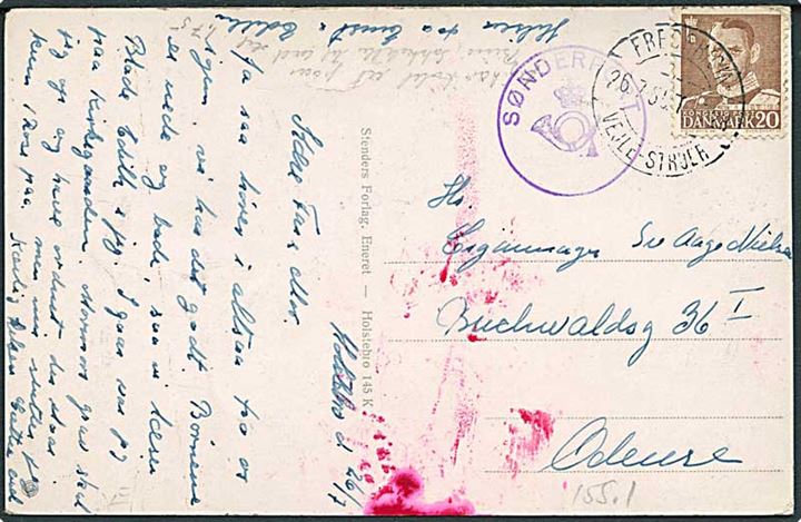 20 øre Fr. IX på brevkort fra Holstebro annulleret med bureaustempel Fredericia - Vejle - Struer T.728 d. 26.7.1955 og sidestemplet med posthornstempel SØNDERPORT til Odense.
