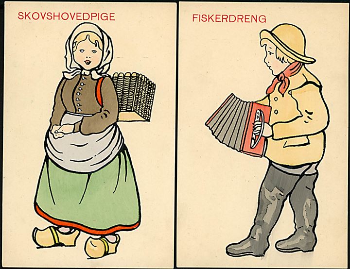 Ukendt: Skovshovedpige og Fiskerdreng. To tegnede kort. V. P. no. 550 & 552. Kvalitet 9