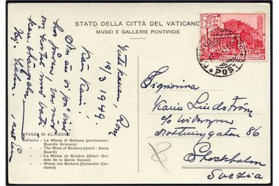 25 lire rød på postkort Vartikanet d. 18.3.1949 til Stockholm.