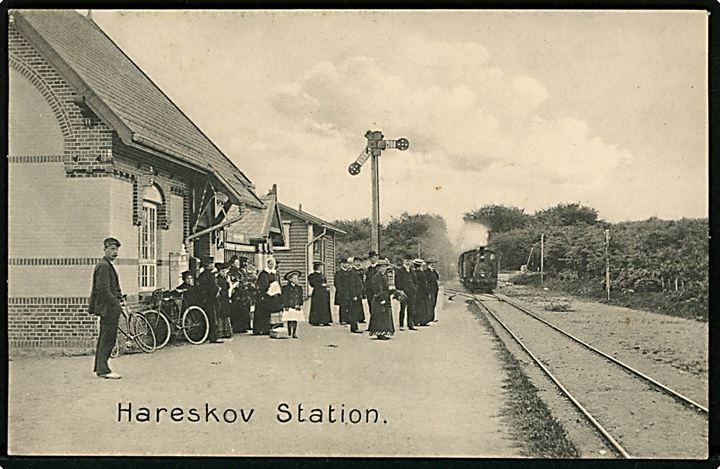 Hareskov jernbanestation med ankommende damptog. Stenders no. 10721. Kvalitet 9