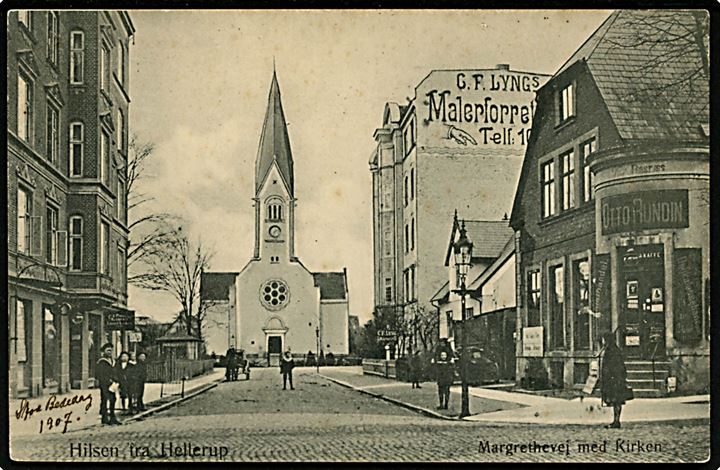 Hellerup, Margrethevej med kirke og Otto Rundin’s kaffehandel. V. Tilling no. 3252. Kvalitet 7