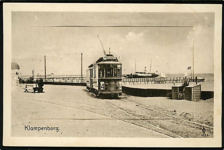 Klampenborg, sporvogn linie 4 endestation med vogn no. 301. Brevkort m. fotolomme. J. Chr. Olsen no. 1026. Kvalitet 7