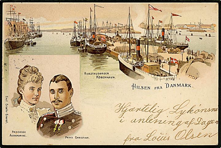 Kvæsthusbroen, “Hilsen fra Danmark” med Prins Christian, Prinsesse Alexandrine og skibe. E. Stæhr. Kvalitet 7