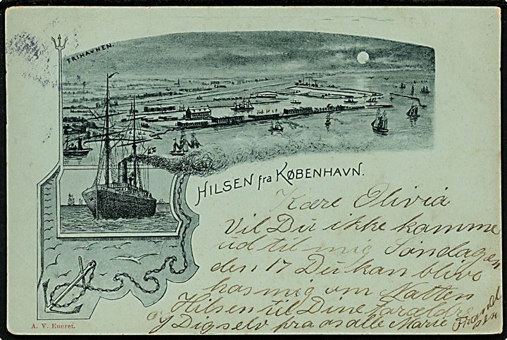 Frihavnen “Hilsen fra København” med dampskib i månelys. A. Vincent u/no. Kvalitet 7