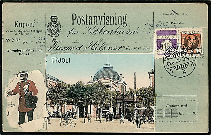 Tivoli. “Postanvisning”-hilsen med postbud og prospekt. A. Vincent no. 4050. Kvalitet 8