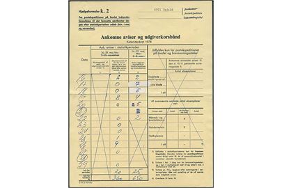 Hjælpeformular k.2 Ankomne aviser og udgiverkorsbånd formular O34 (2-78 AS5) fra Spjald postekspedition 1978.