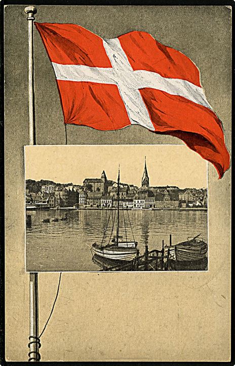 Genforening. Dannebrog og Flensborg. Patriotisk kort med sang fra Aarsfesten 1922. U/no. Kvalitet 8