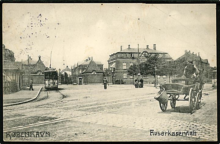 Østerbrogade med Husarkasernen og sporvogn linie 4 vogn 33. Dansk Industri no. 46. Kvalitet 7
