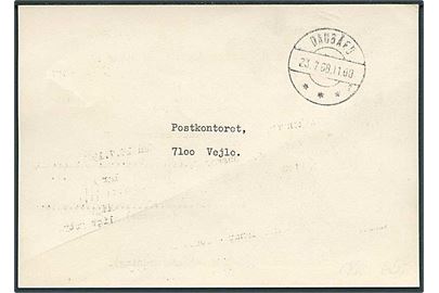 Ufrankeret postsags brevkort stemplet Daugård sn2 d. 23.7.1968 til Vejle Postkontor vedr. omdeling af Jyllandsposten.