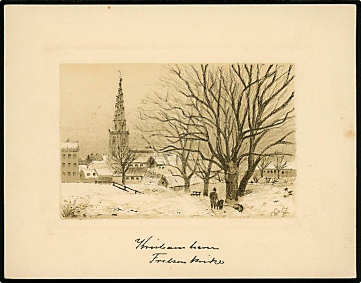 Ukendt: Christianshavn med Vor Frelser kirke i sne. Kartionkort med signatur anvendt 1900. U/no. Kvalitet 8