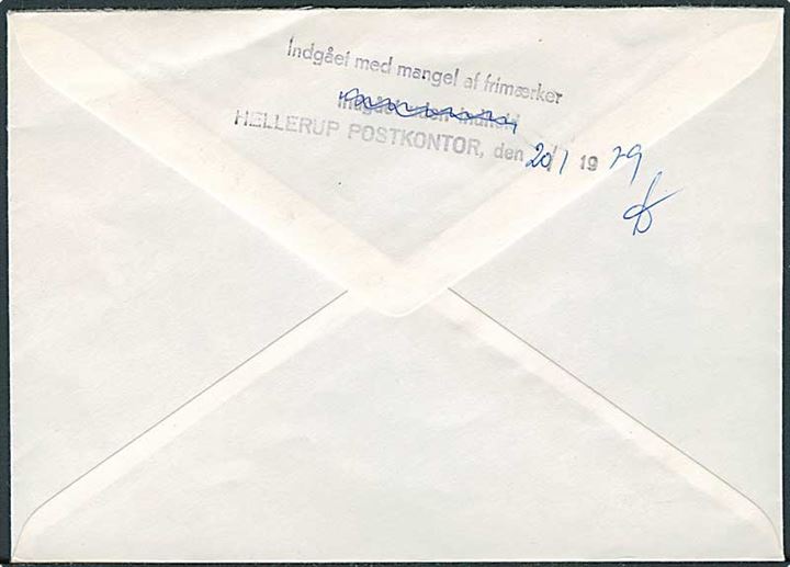 Ufrankeret anbefalet brev fra Vaduz, Liechtenstein 1979 til Hellerup, Danmark. På bagsiden stemplet: Indgået med mangel af frimærker / Hellerup Postkontor d. 20.1.1979.