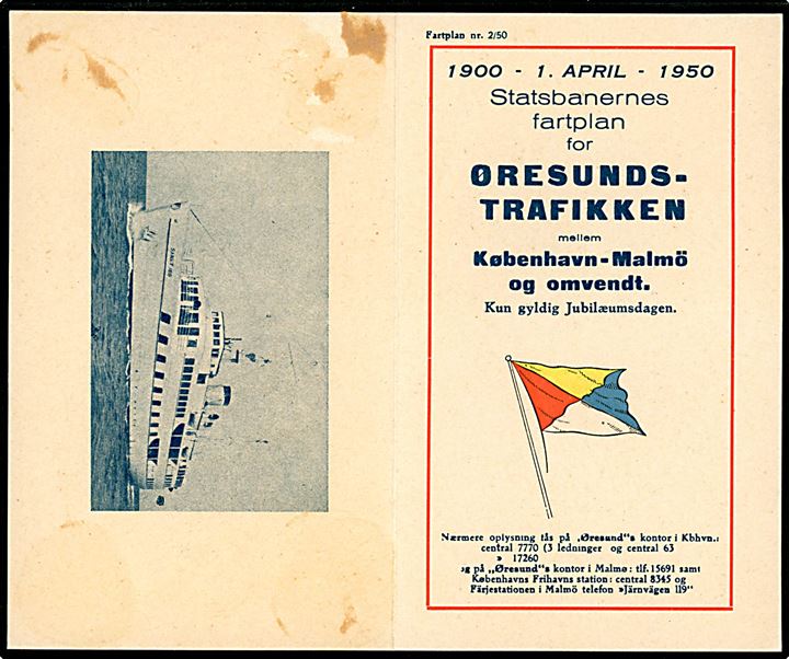 Øresunds-trafikken. Fartplan & menukort med færgen “Sankt Ibb” på jubilæumsdagen d. 1.4.1950. Kvalitet 7