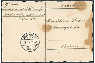Ufrankeret brevkort sendt som interneret forsendelse og stemplet København d. 12.9.1943 til Odense. Fra overkonstabel på Militærhospitalet i København.