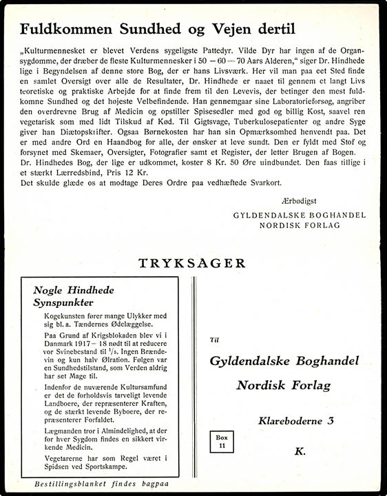 Reklame. Gyldendalske Boghandel illustreret dobbelt tryksagsbrevkort. 4 øre Bølgelinie med perfin “G.B.”. Kvalitet 7
