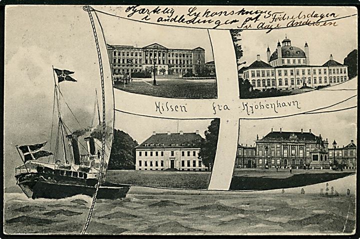 Amalienborg og andre slotte. “Hilsen fra Danmark” med skib, flag og prospekter. Ed. F. Philipsen & Co no. 6105. Kvalitet 7