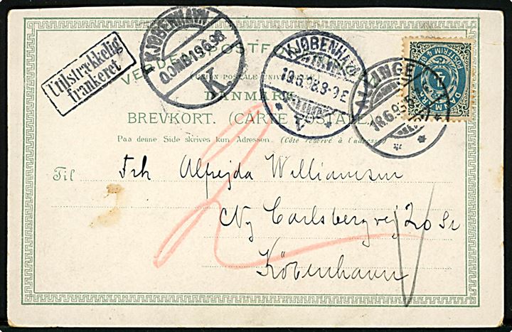 Bornholm, “Hilsen fra” med prospekter. F. Sørensen no. 510. Sendt underfrankeret fra Allinge 1898. Kvalitet 7