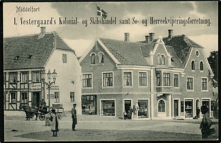 Middelfart, I. Vestergaard’s Kolonial- Skibshandel. Reklamekort. F. C. Madsen u/no. Kvalitet 9