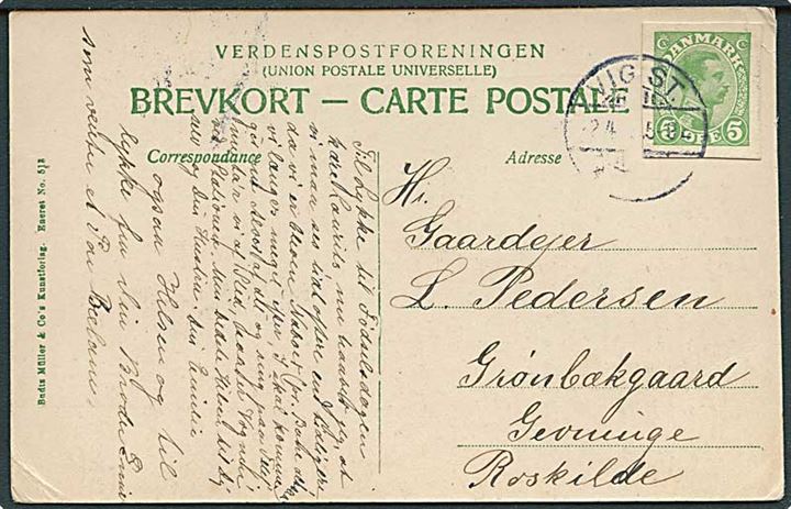 5 øre Chr. X helsagsafklip anvendt som frankering på brevkort stemplet Vig St. d. 2.4.191x til Grevinge pr. Roskilde.