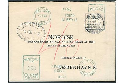 Ufrankeret svarbrev med svagt stempel til København. Udtakseret i porto med 2 stk. 20 øre grønne Porto-maskinstempler fra København K. d. 1.2.1943.