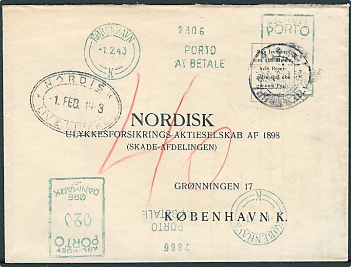 Ufrankeret svarbrev med svagt stempel til København. Udtakseret i porto med 2 stk. 20 øre grønne Porto-maskinstempler fra København K. d. 1.2.1943.