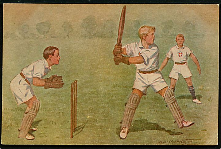 F.D.F. (Frivilligt Drenge Forbund) cricket. F.D.F. Postkort no. 4 tegnet af Axel Mathiesen. Kvalitet 7