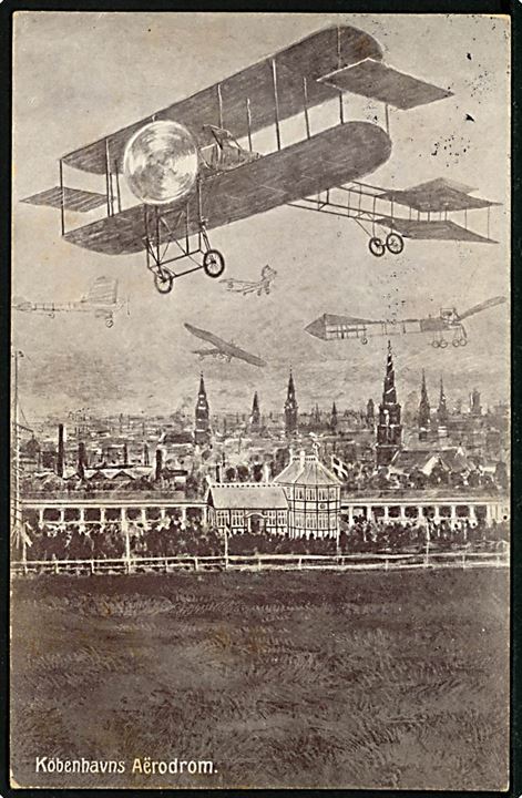 Københavns Aërodrom med flyvere i luften. Tegnet kort u/no. Kvalitet 7