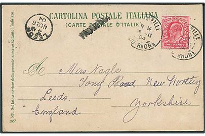 1d Edward VII på brevkort fra Pompei annulleret med fransk stempel i Marseille d. 26.11.1904 og sidestemplet Paquebot til Leeds, England.