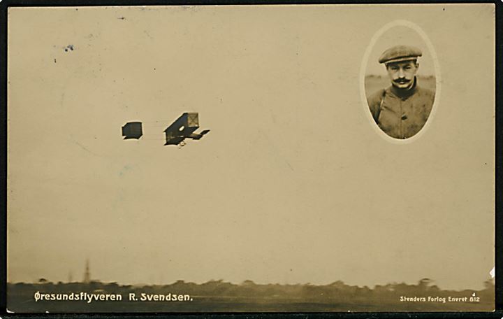 Øresundsflyveren Robert Svendsen med flyver og portræt. Stenders no. 512. Anvendt 1913. Kvalitet 8