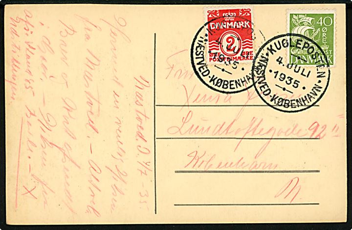 Kuglepost ved Post og Telegraf Udstilling. Sendt med Kuglepost fra Næstved til København 1935. U/no. Kvalitet 7