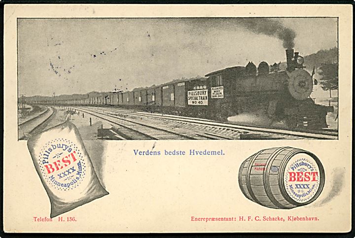 Reklame. Pillsbury - Verdens bedste Hvedemel med tog. Fra Bageriudstillingen i Tivoli 1906. Kvalitet 7
