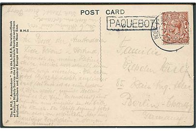 1½d George V på brevkort (R.M.S. Amsterdam) annulleret med hollandsk stempel Hook van Holland d. 2.6.1933 og sidestemplet Paquebot til Berlin, Tyskland.