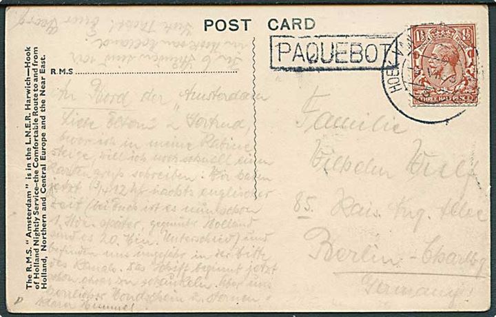 1½d George V på brevkort (R.M.S. Amsterdam) annulleret med hollandsk stempel Hook van Holland d. 2.6.1933 og sidestemplet Paquebot til Berlin, Tyskland.