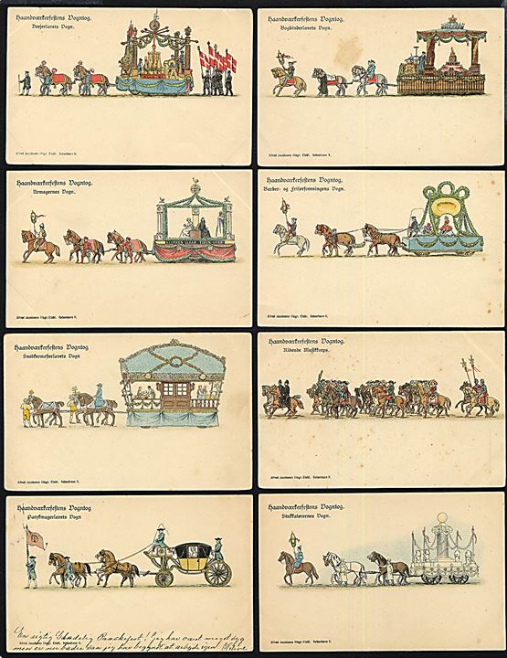 Ukendt: Haandværkerfestens Vogntog. 8 forskellige kort fra Alfred Jacobsens litogr. Etabl. U/no. Kvalitet Mix