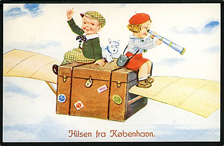 “Hilsen fra København”. Børn på flyvende kuffert med prospekter. U/no. Kvalitet 9