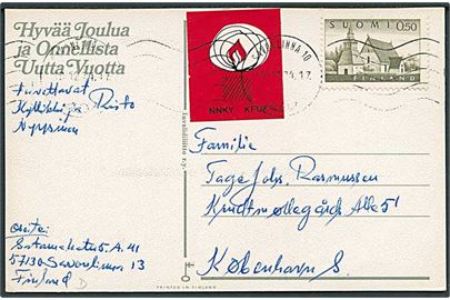 0,50 mk. Kirke og KFUK mærkat på julekort fra Savonlinna d. 19.12.1974 til København, Danmark.