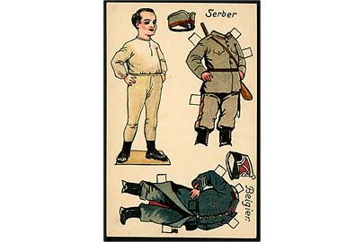Osvald Jensen: Påklædningsdukke, soldat med serbisk og belgisk uniform. A. Vincent serie 398/4. Kvalitet 8