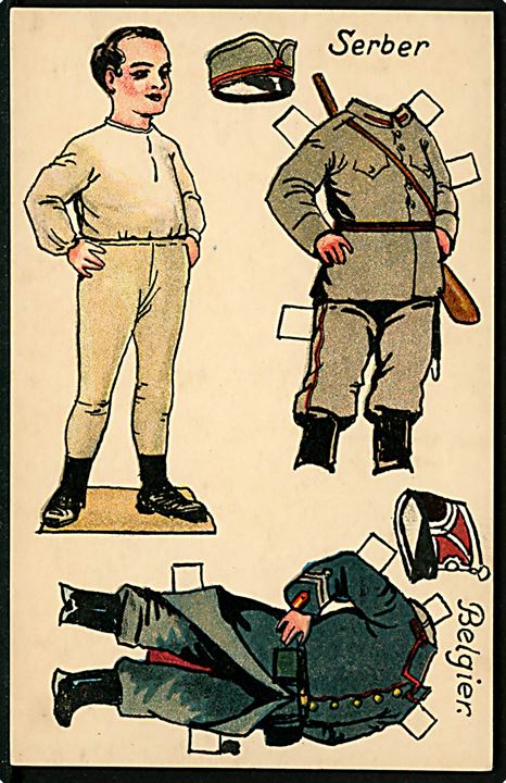 Osvald Jensen: Påklædningsdukke, soldat med serbisk og belgisk uniform. A. Vincent serie 398/4. Kvalitet 8